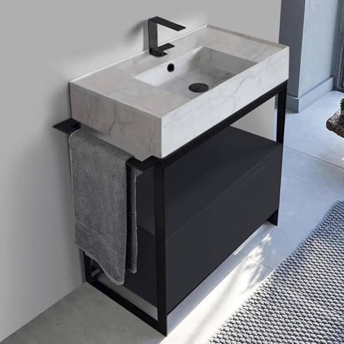 Console Sink Vanity With Marble Design Ceramic Sink and Matte Black Drawer Scarabeo 5123-F-SOL1-49